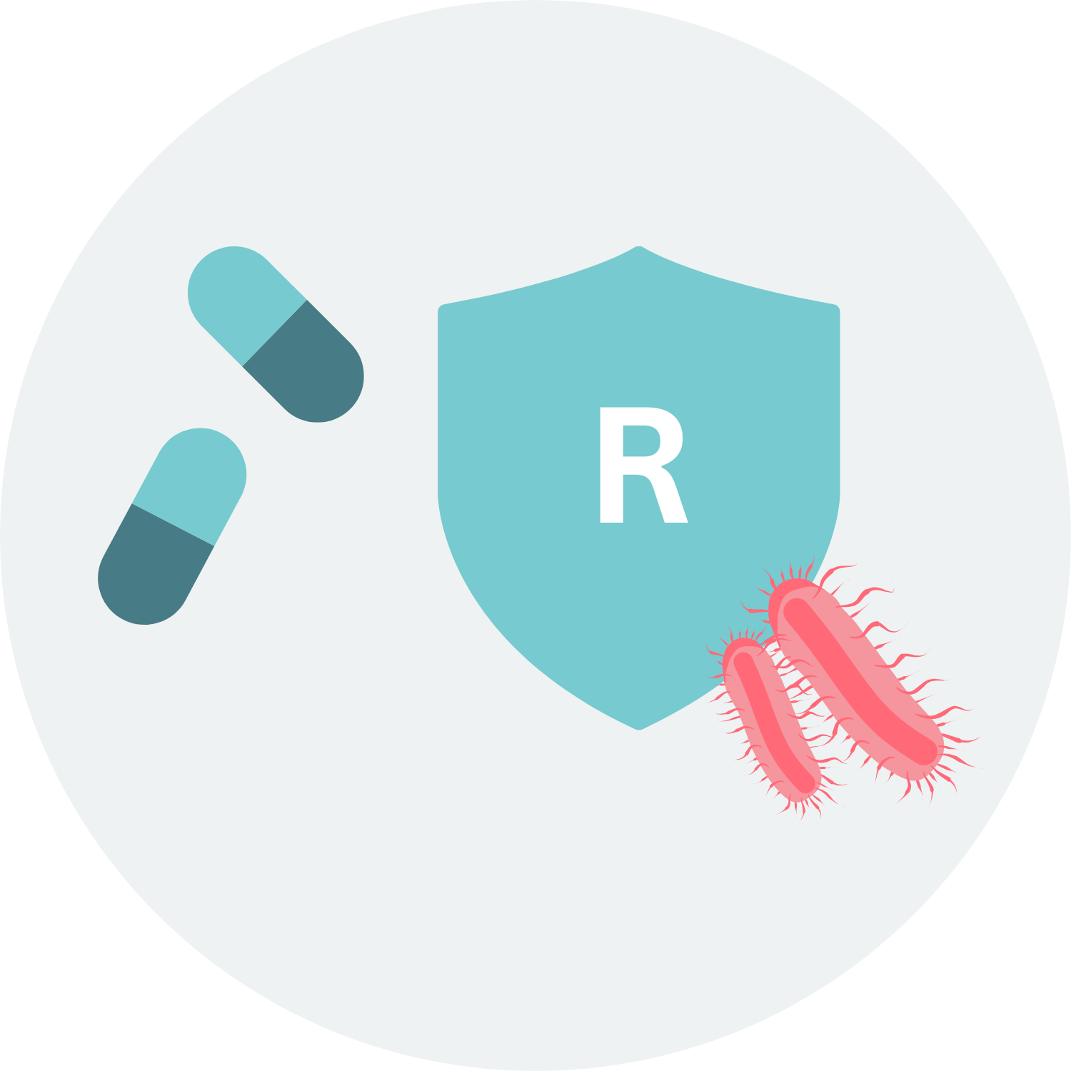 Symbole pour la résistance aux médicaments (R) ; un bouclier protégeant les bactéries contre les médicaments.